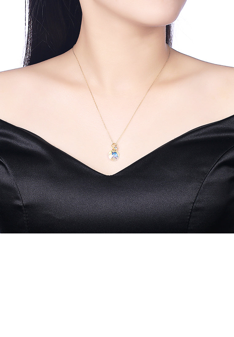 925 Sterling Silver Plated Gold Simple and Fashion Round Pendant with Austrian Element Crystals and Necklaces