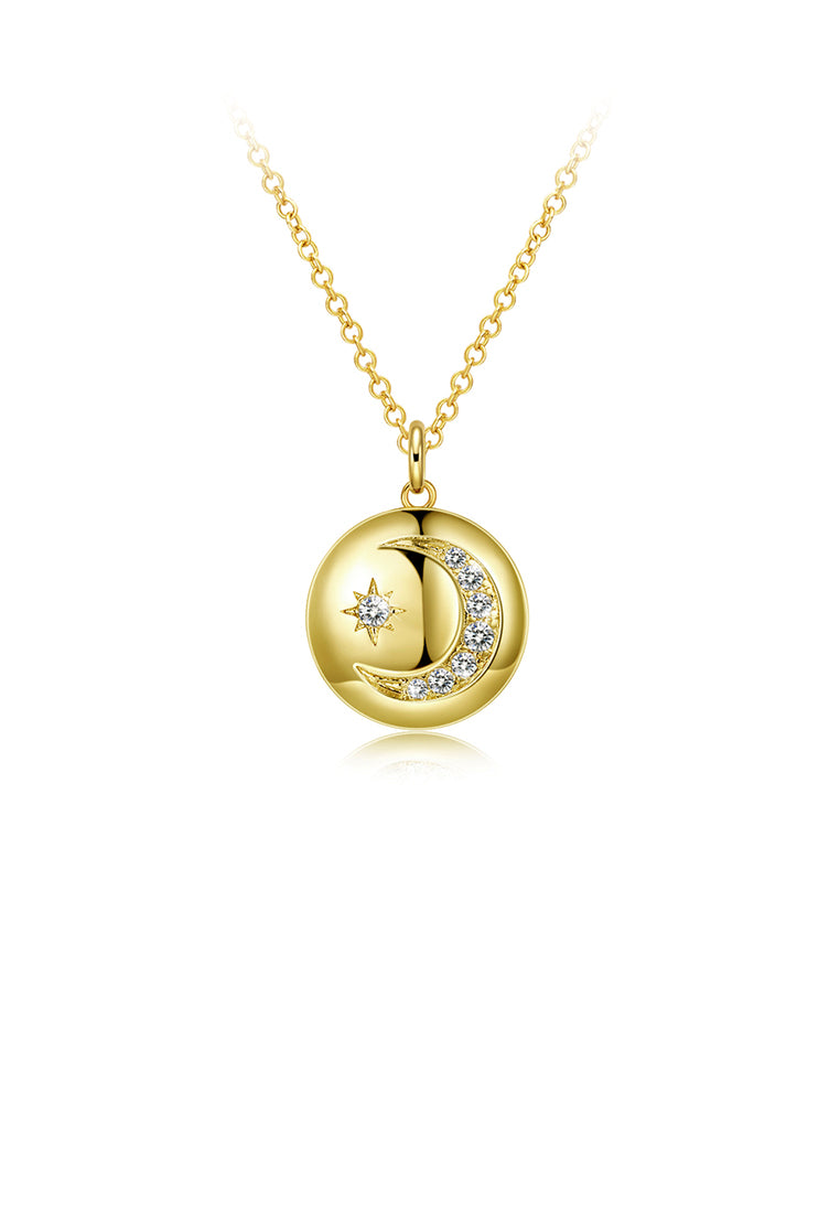 Fashion Plated Gold Star Moon Circular Pendant with Austrian Element Crystal and Necklace