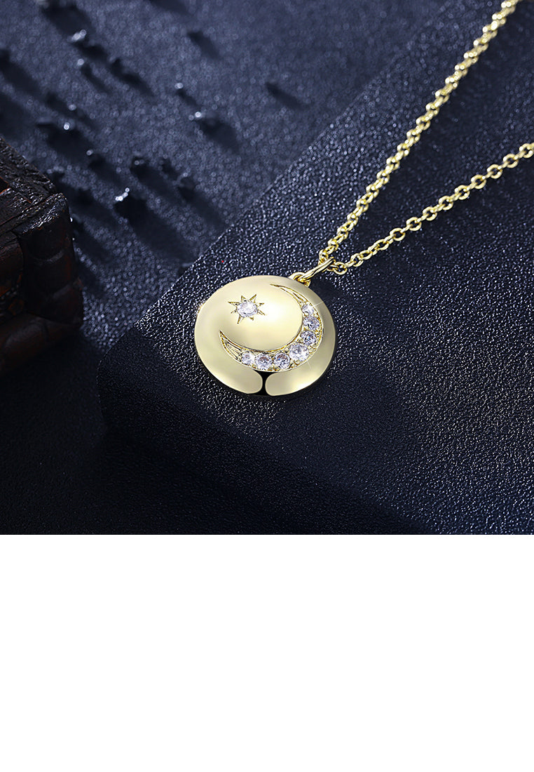 Fashion Plated Gold Star Moon Circular Pendant with Austrian Element Crystal and Necklace