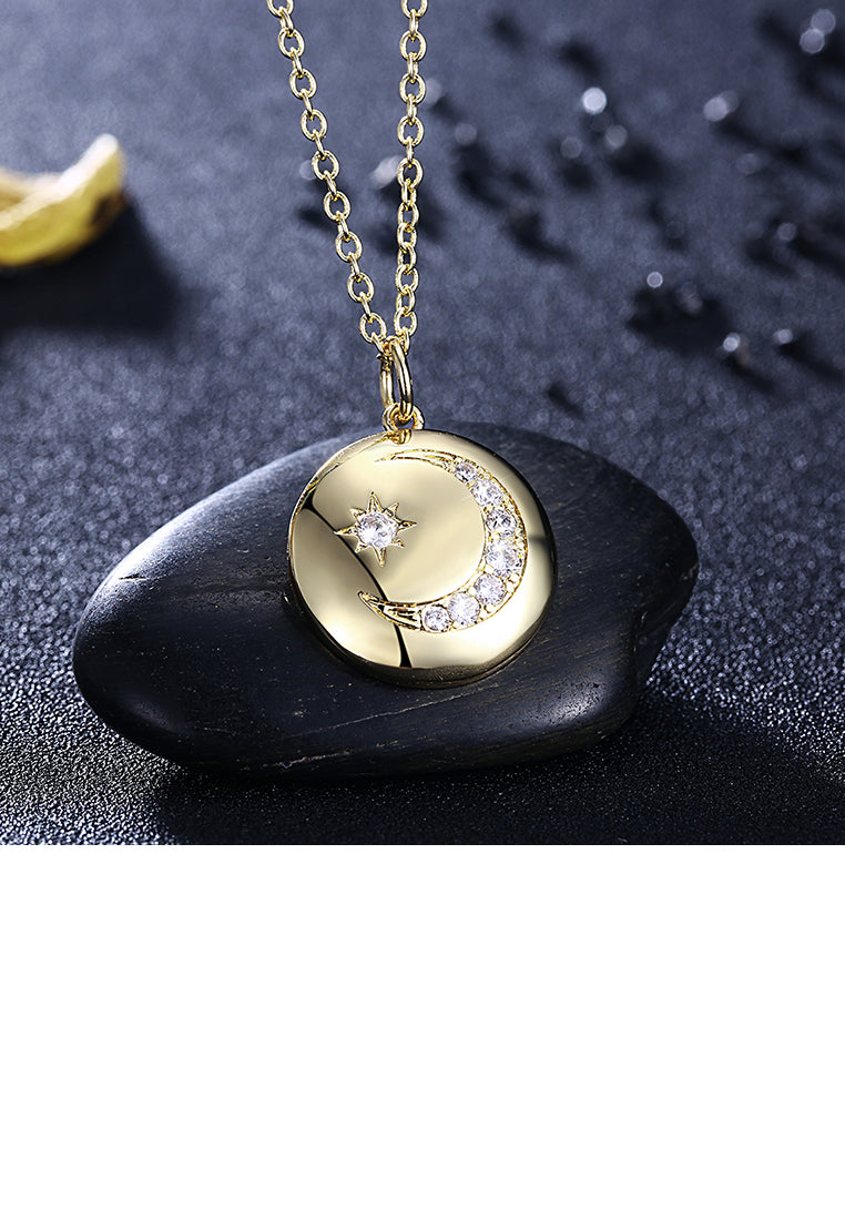 Fashion Plated Gold Star Moon Circular Pendant with Austrian Element Crystal and Necklace