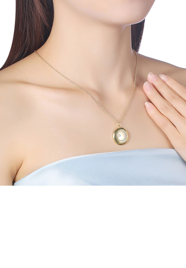 Fashion Plated Gold Star Moon Circular Pendant with Austrian Element Crystal and Necklace