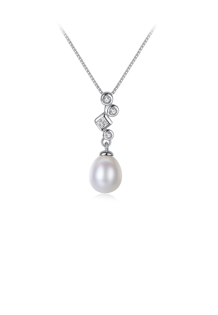 925 Sterling Silver Fashion and Elegant Geometric White Freshwater Pearl Pendant with Cubic Zirconia and Necklace - Luxurious Look