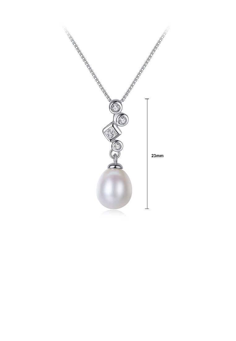 925 Sterling Silver Fashion and Elegant Geometric White Freshwater Pearl Pendant with Cubic Zirconia and Necklace - Luxurious Look