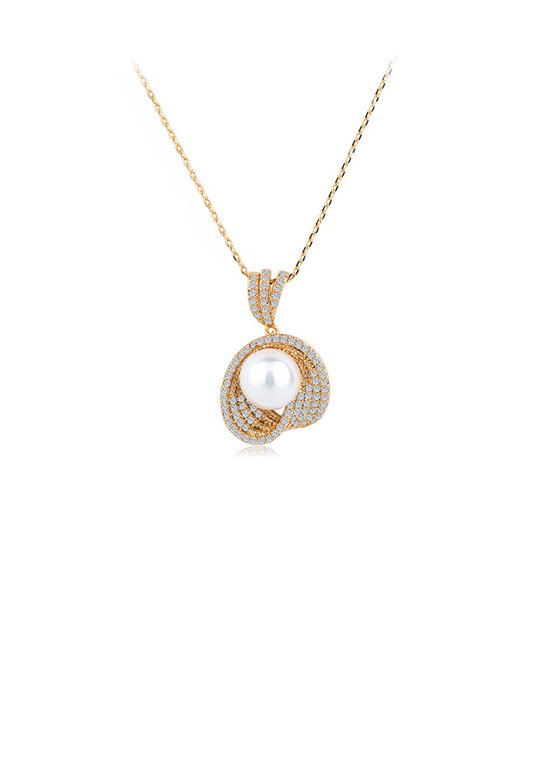 Elegant Temperament Plated Gold Geometric Imitation Pearl Pendant with Cubic Zirconia and Necklace - Luxurious Look