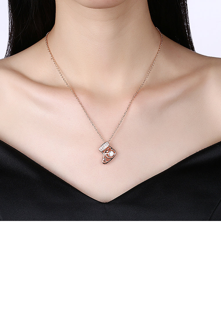 Fashion Plated Rose Gold Sock Pendant with Cubic Zircon and Necklace