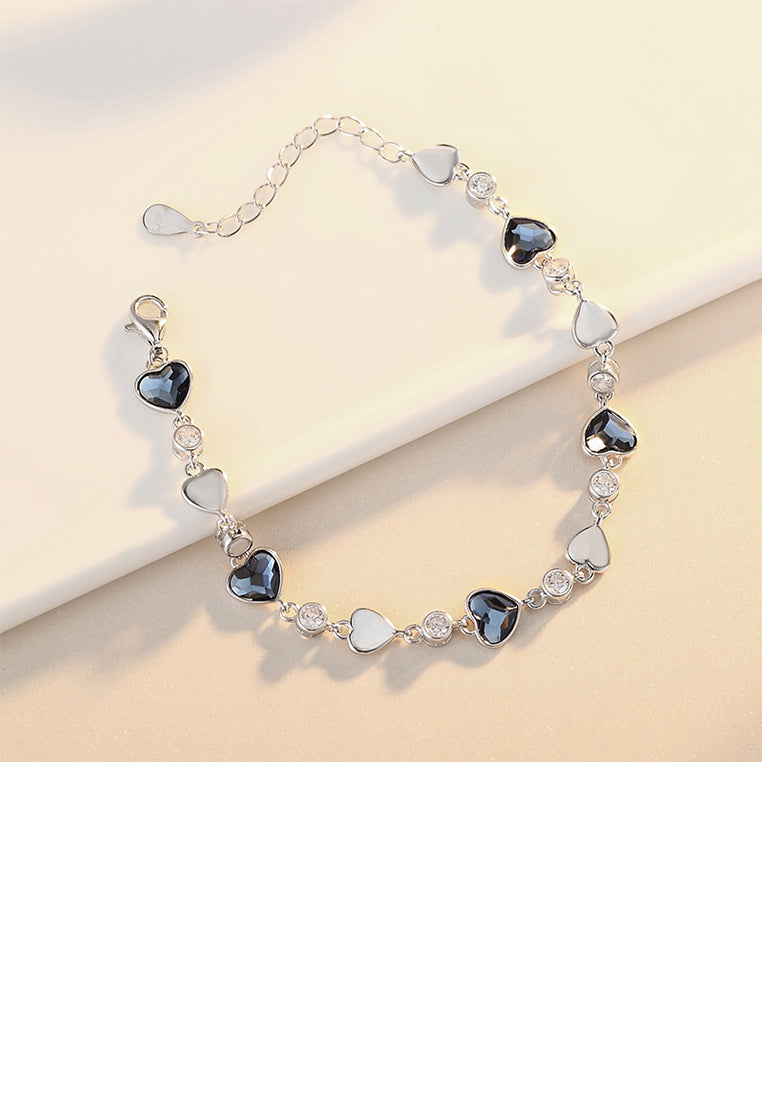 925 Sterling Silver Simple Romantic Heart Blue Cubic Zirconia Bracelet - Luxurious Look