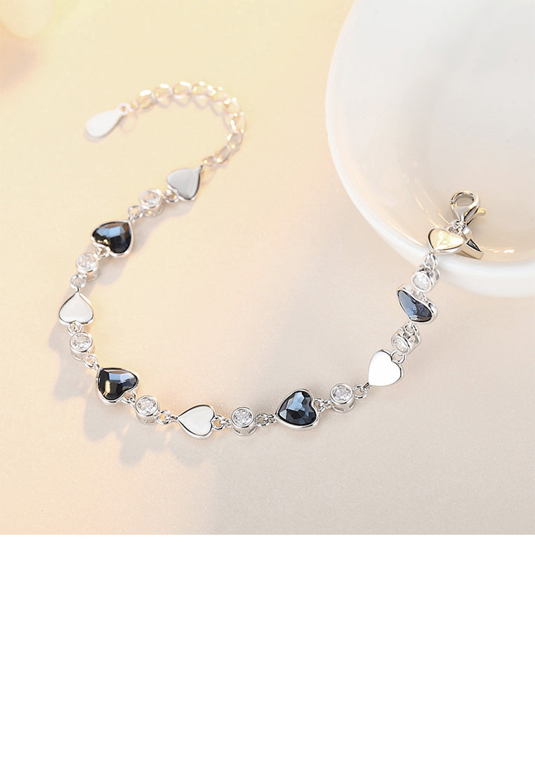 925 Sterling Silver Simple Romantic Heart Blue Cubic Zirconia Bracelet - Luxurious Look