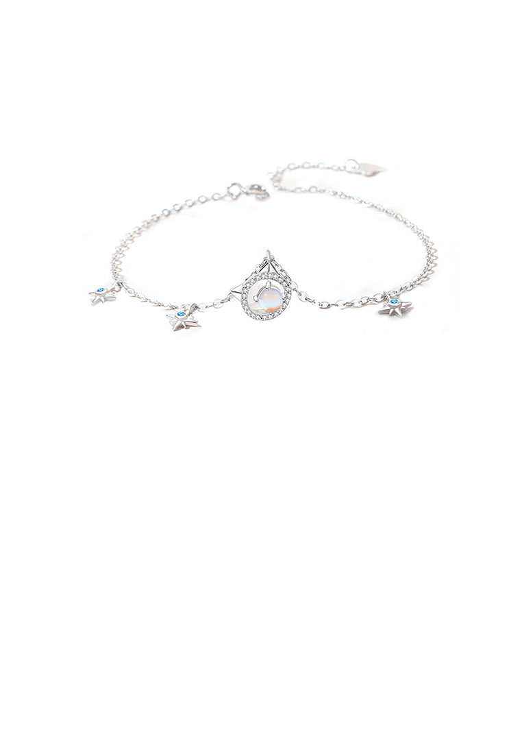 925 Sterling Silver Simple Cute Cat Moonstone Bracelet with Cubic Zirconia - Luxurious Look