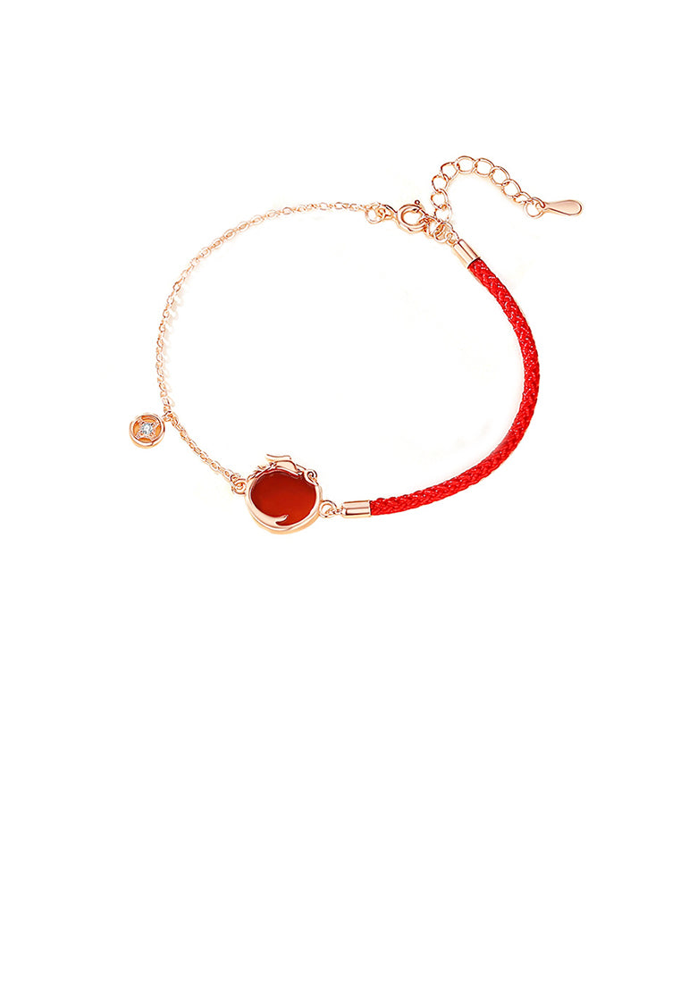 925 Sterling Silver Plated Rose Gold Fashion Vintage Zodiac Dragon Geometric Round Imitation Agate Bracelet