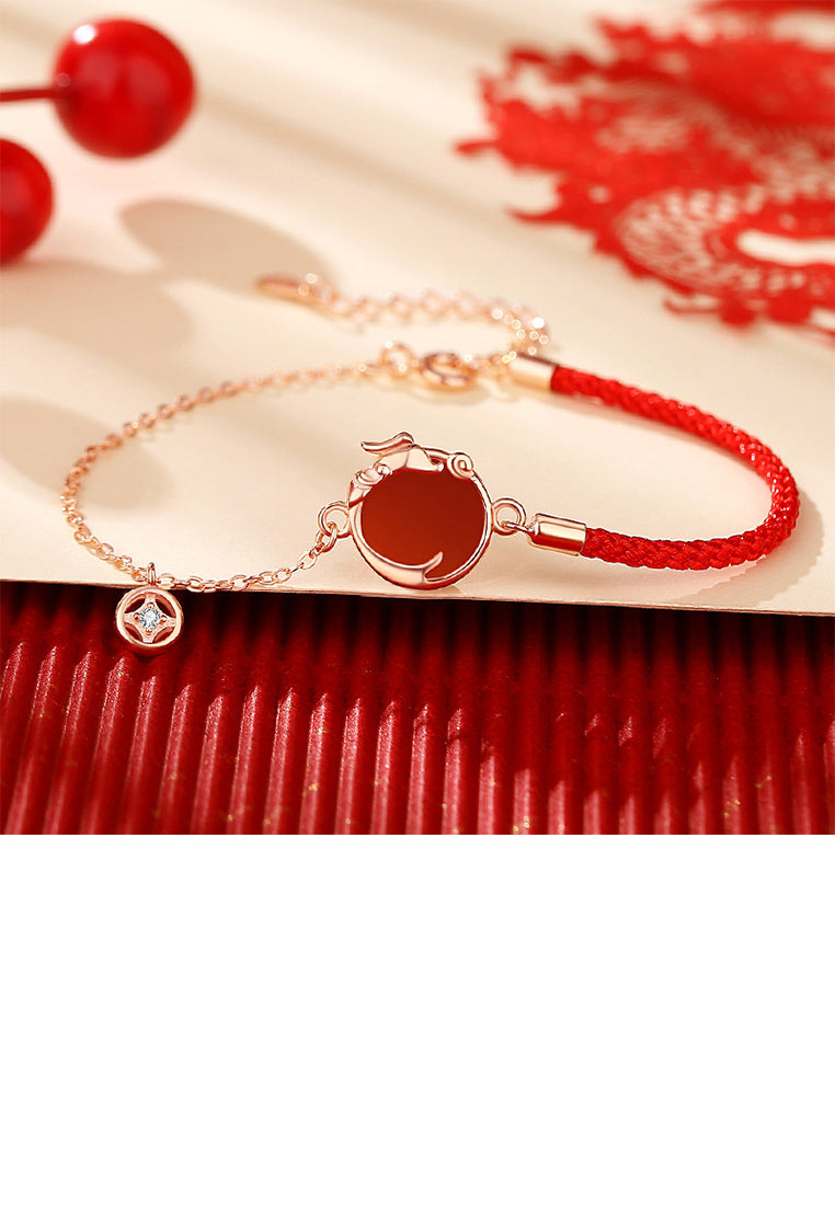 925 Sterling Silver Plated Rose Gold Fashion Vintage Zodiac Dragon Geometric Round Imitation Agate Bracelet