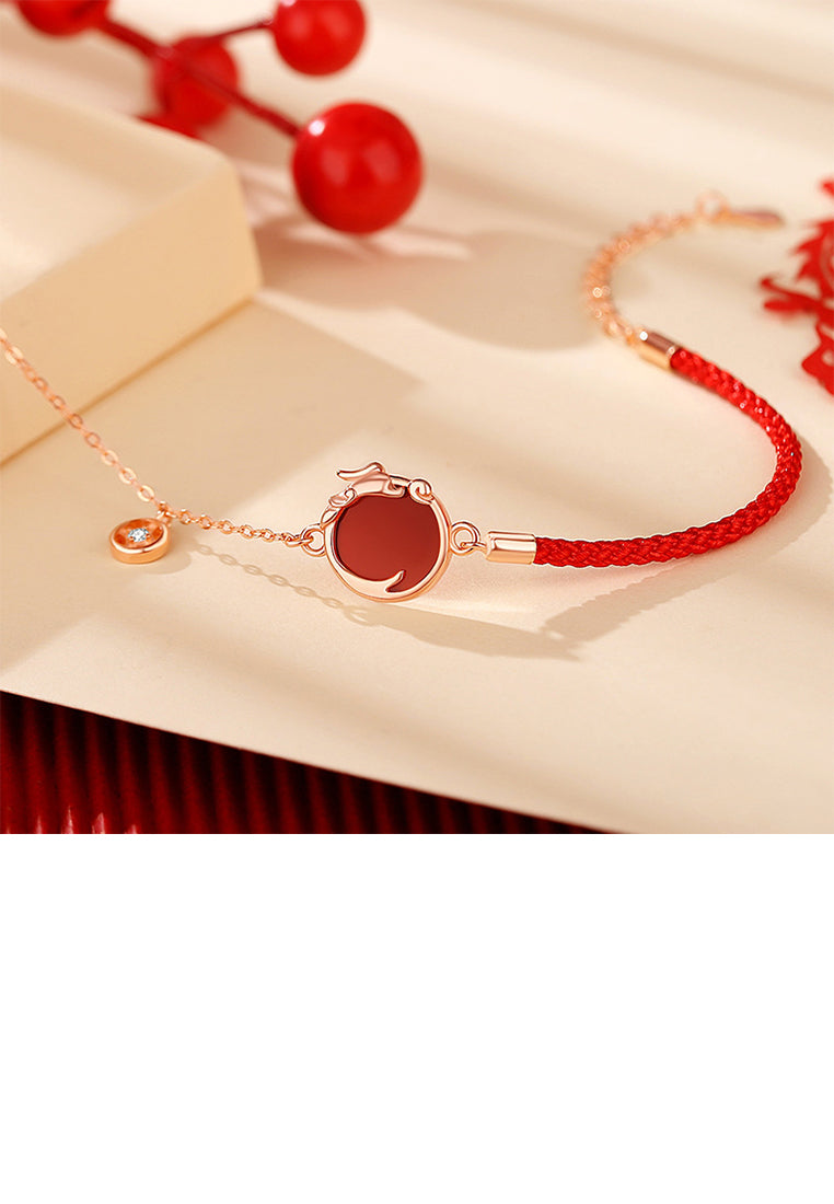 925 Sterling Silver Plated Rose Gold Fashion Vintage Zodiac Dragon Geometric Round Imitation Agate Bracelet