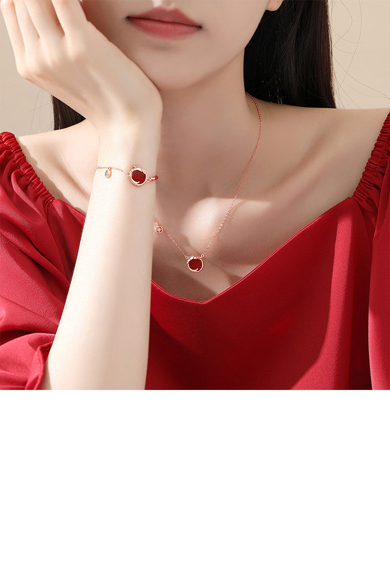 925 Sterling Silver Plated Rose Gold Fashion Vintage Zodiac Dragon Geometric Round Imitation Agate Bracelet