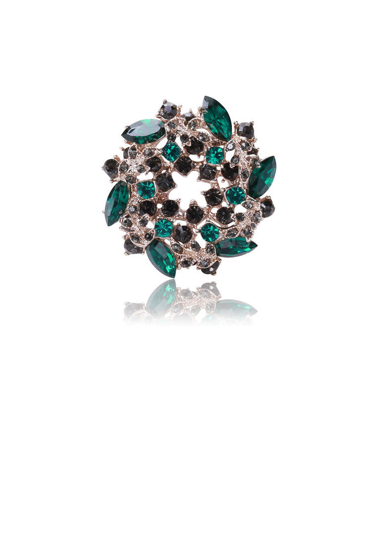 Fashion and Elegant Plated Gold Rosette Brooch with Green Cubic Zirconia - Luxurious Look