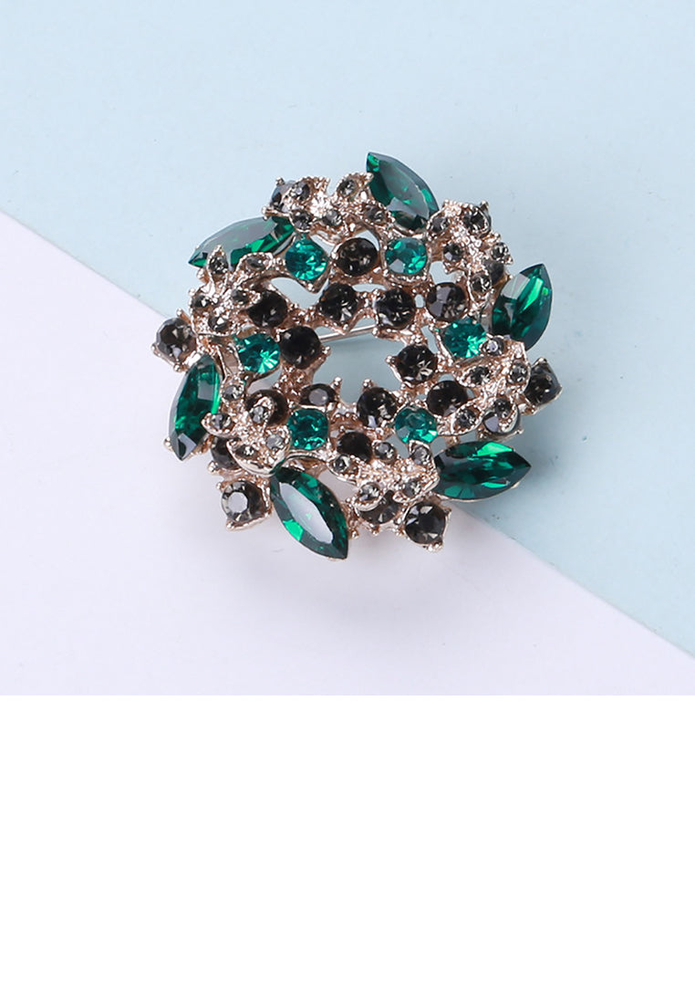 Fashion and Elegant Plated Gold Rosette Brooch with Green Cubic Zirconia - Luxurious Look