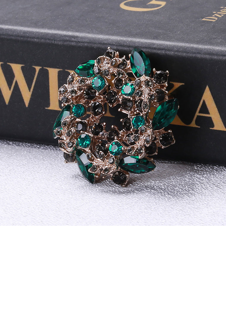 Fashion and Elegant Plated Gold Rosette Brooch with Green Cubic Zirconia - Luxurious Look