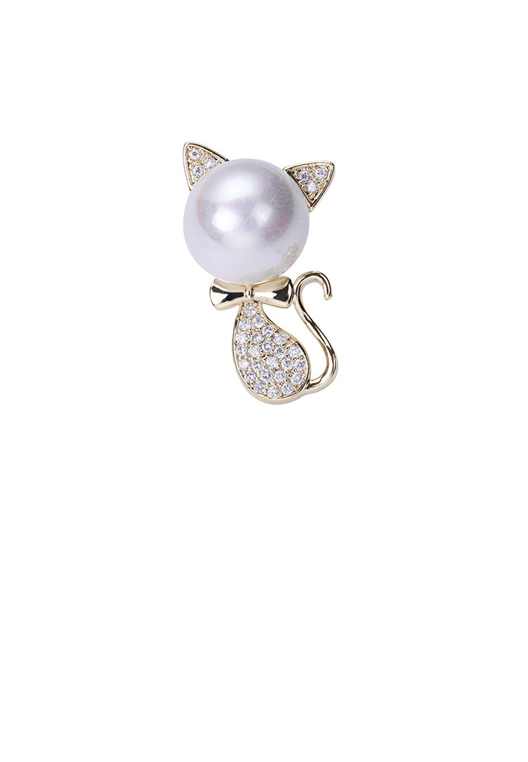 Simple and Cute Plated Gold Cat Imitation Pearl Brooch with Cubic Zirconia - Luxurious Look