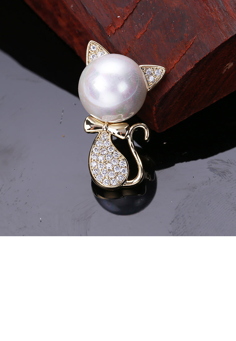 Simple and Cute Plated Gold Cat Imitation Pearl Brooch with Cubic Zirconia - Luxurious Look