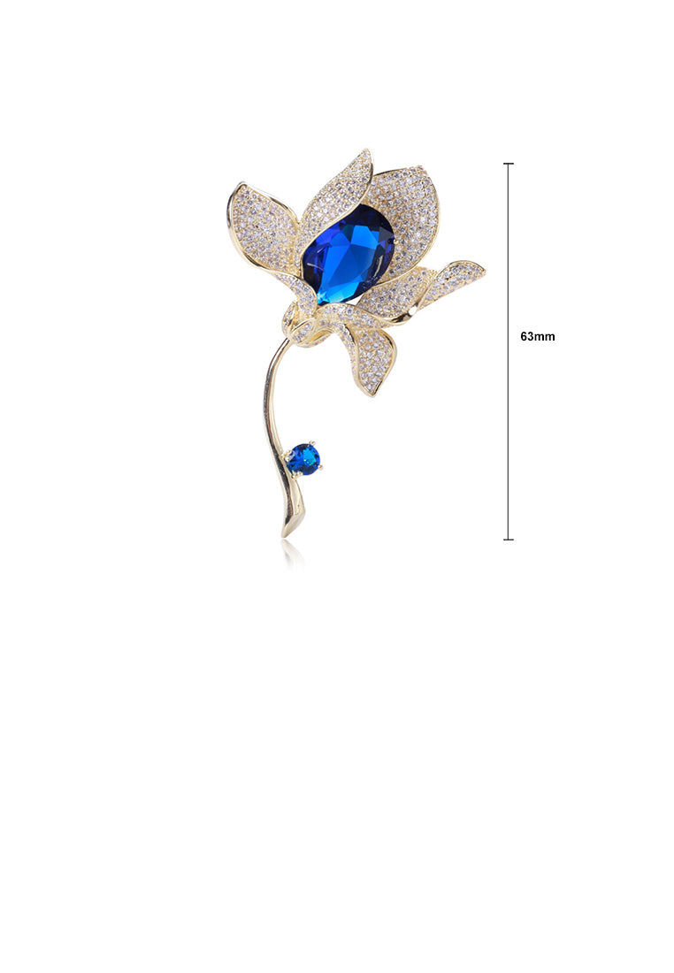 Fashion and Elegant Plated Gold Flower Brooch with Blue Cubic Zirconia - Luxurious Look