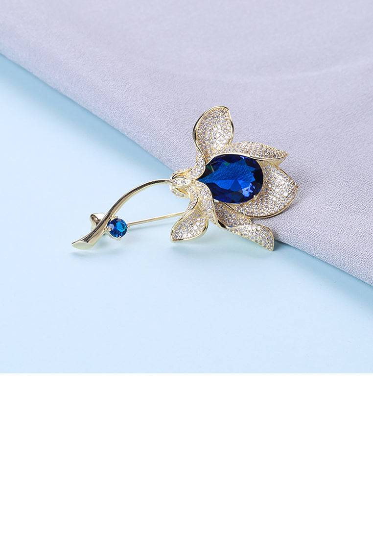 Fashion and Elegant Plated Gold Flower Brooch with Blue Cubic Zirconia - Luxurious Look