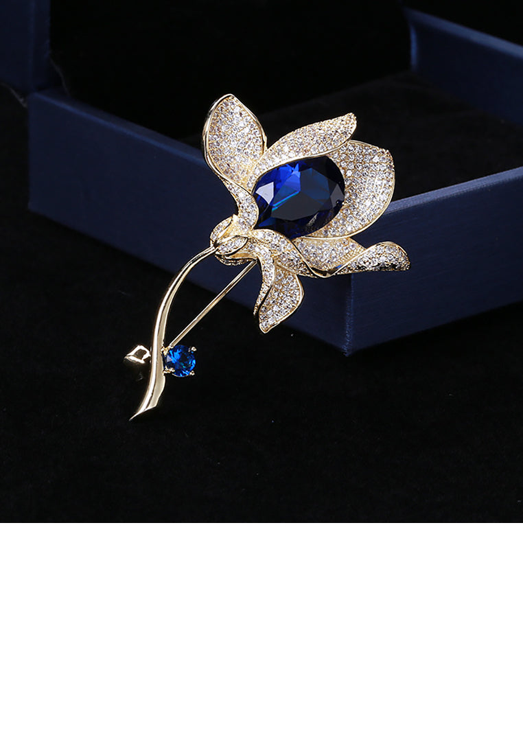 Fashion and Elegant Plated Gold Flower Brooch with Blue Cubic Zirconia - Luxurious Look