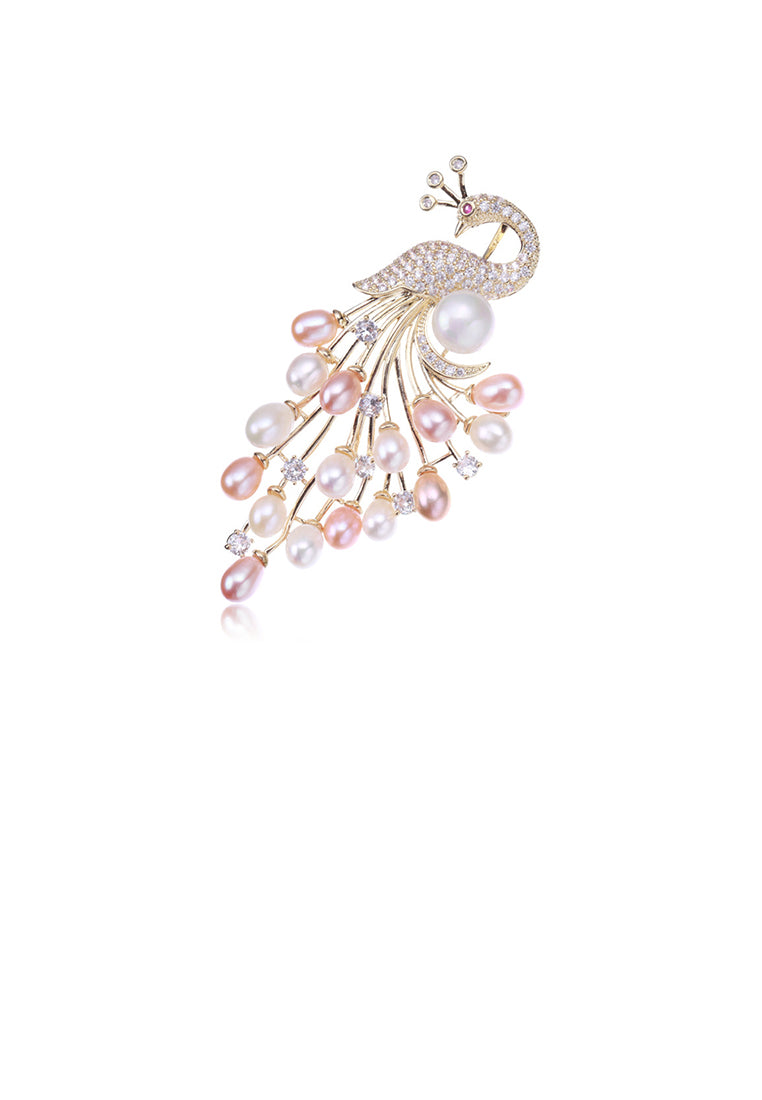 Elegant and Bright Plated Gold Peacock Freshwater Pearl Brooch with Cubic Zirconia - Luxurious Look