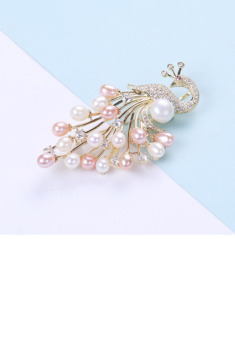 Elegant and Bright Plated Gold Peacock Freshwater Pearl Brooch with Cubic Zirconia - Luxurious Look