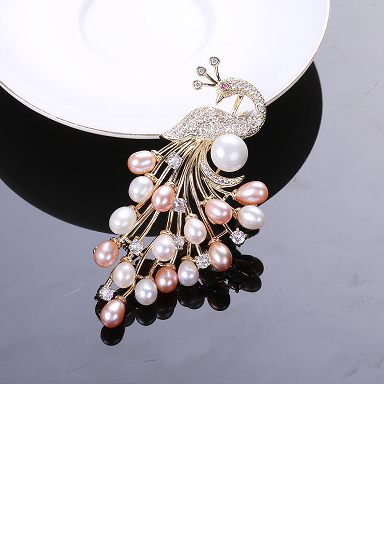 Elegant and Bright Plated Gold Peacock Freshwater Pearl Brooch with Cubic Zirconia - Luxurious Look