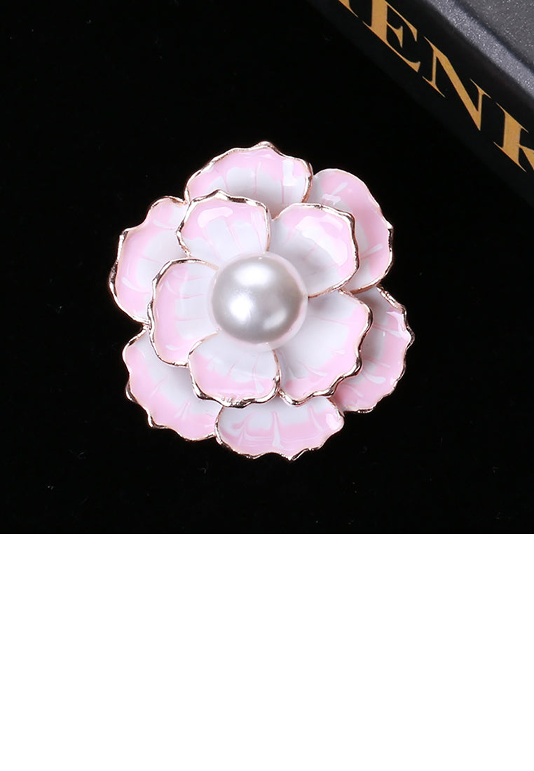 Fashion Temperament Plated Gold Enamel Pink Camellia Imitation Pearl Brooch - Luxurious Look - Vibrant Color