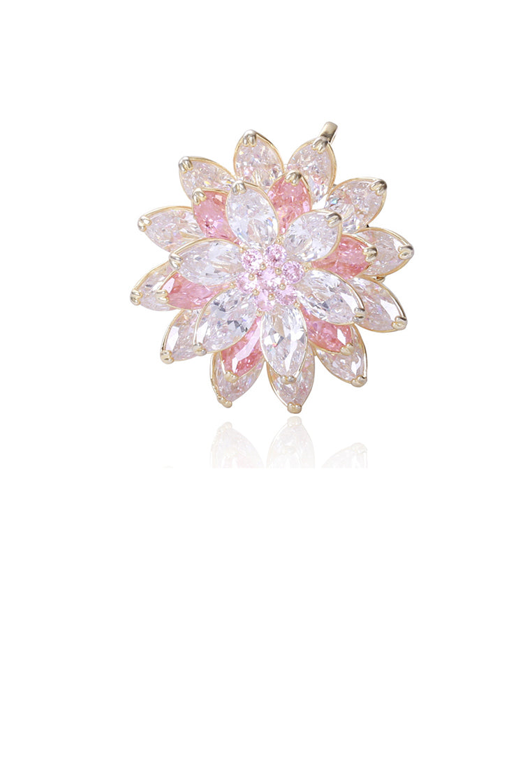 Fashion Bright Plated Gold Flower Brooch with Pink Cubic Zirconia - Luxurious Look - Vibrant Color