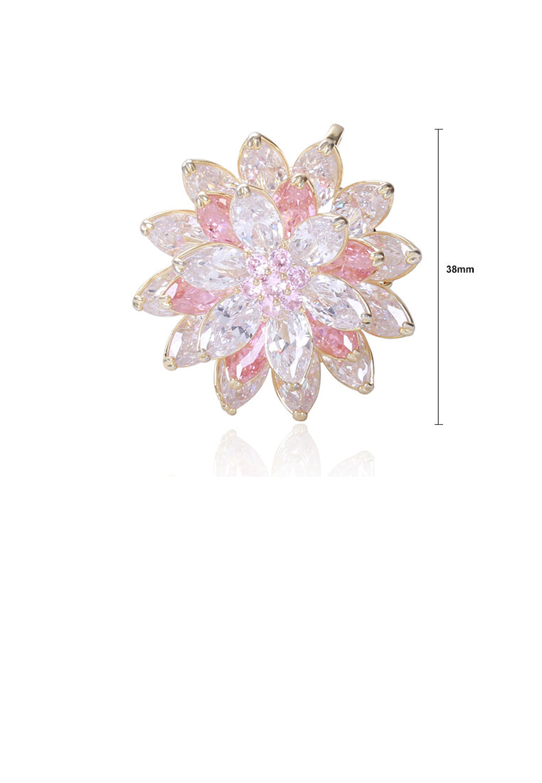 Fashion Bright Plated Gold Flower Brooch with Pink Cubic Zirconia - Luxurious Look - Vibrant Color