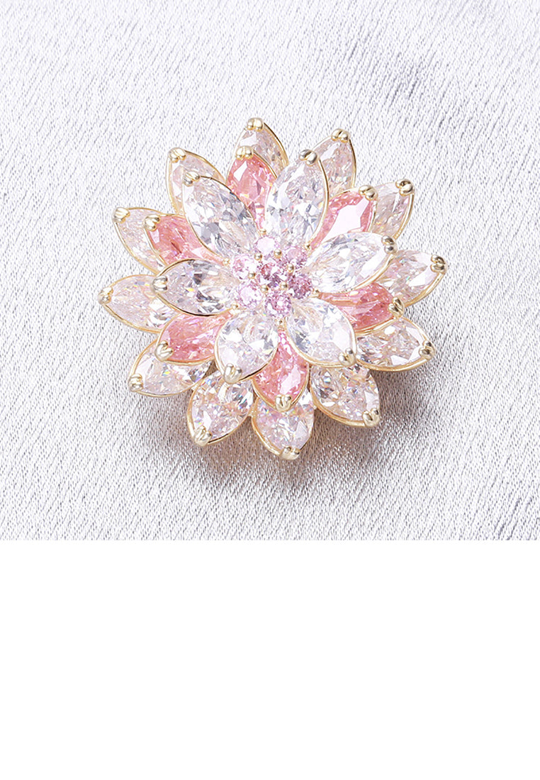 Fashion Bright Plated Gold Flower Brooch with Pink Cubic Zirconia - Luxurious Look - Vibrant Color
