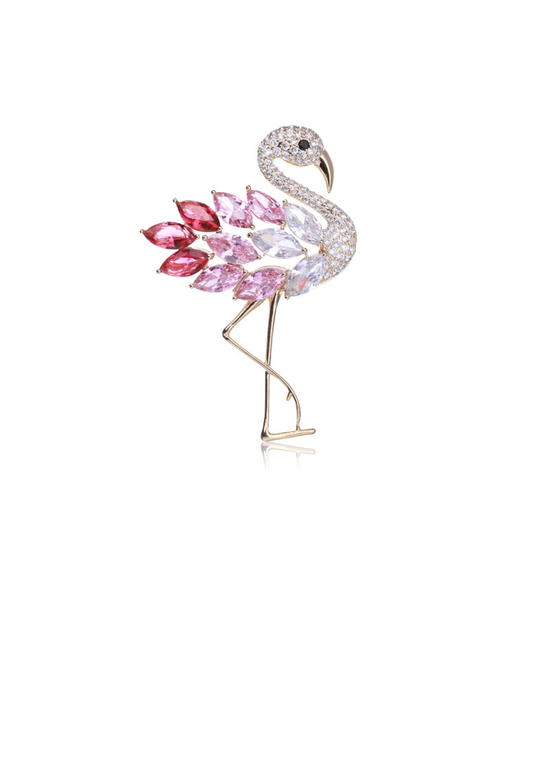 Fashion Temperament Plated Gold Flamingo Brooch with Pink Cubic Zirconia - Luxurious Look - Vibrant Color