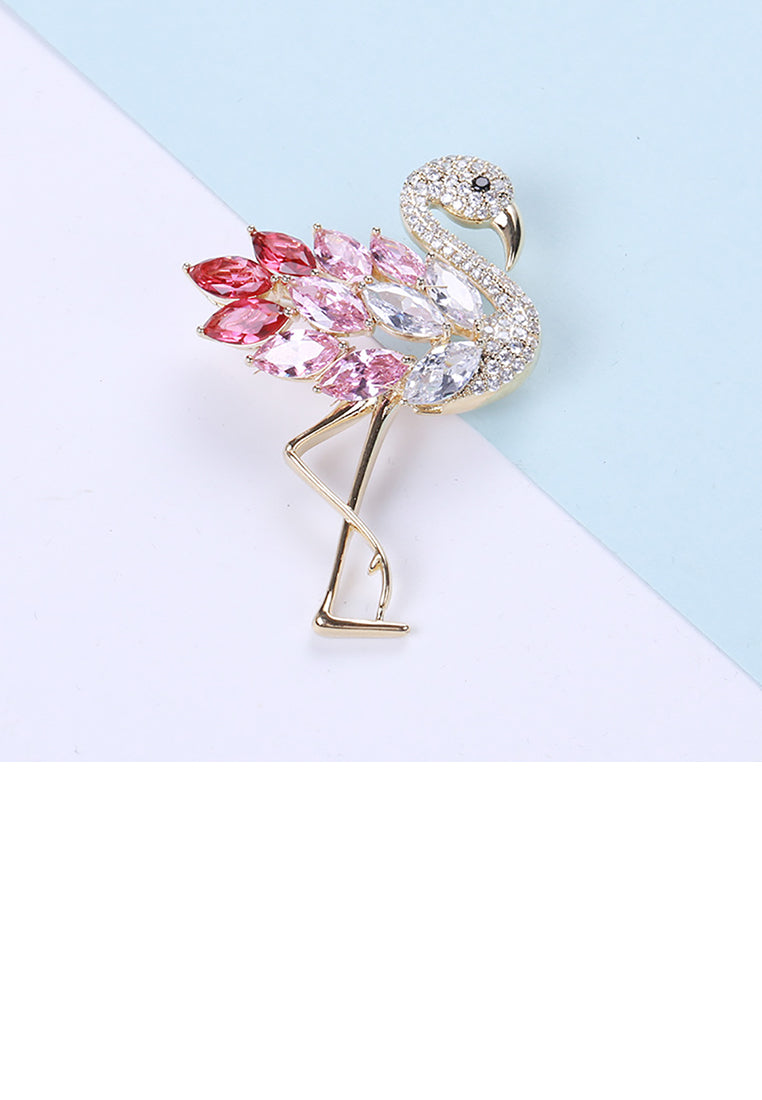 Fashion Temperament Plated Gold Flamingo Brooch with Pink Cubic Zirconia - Luxurious Look - Vibrant Color