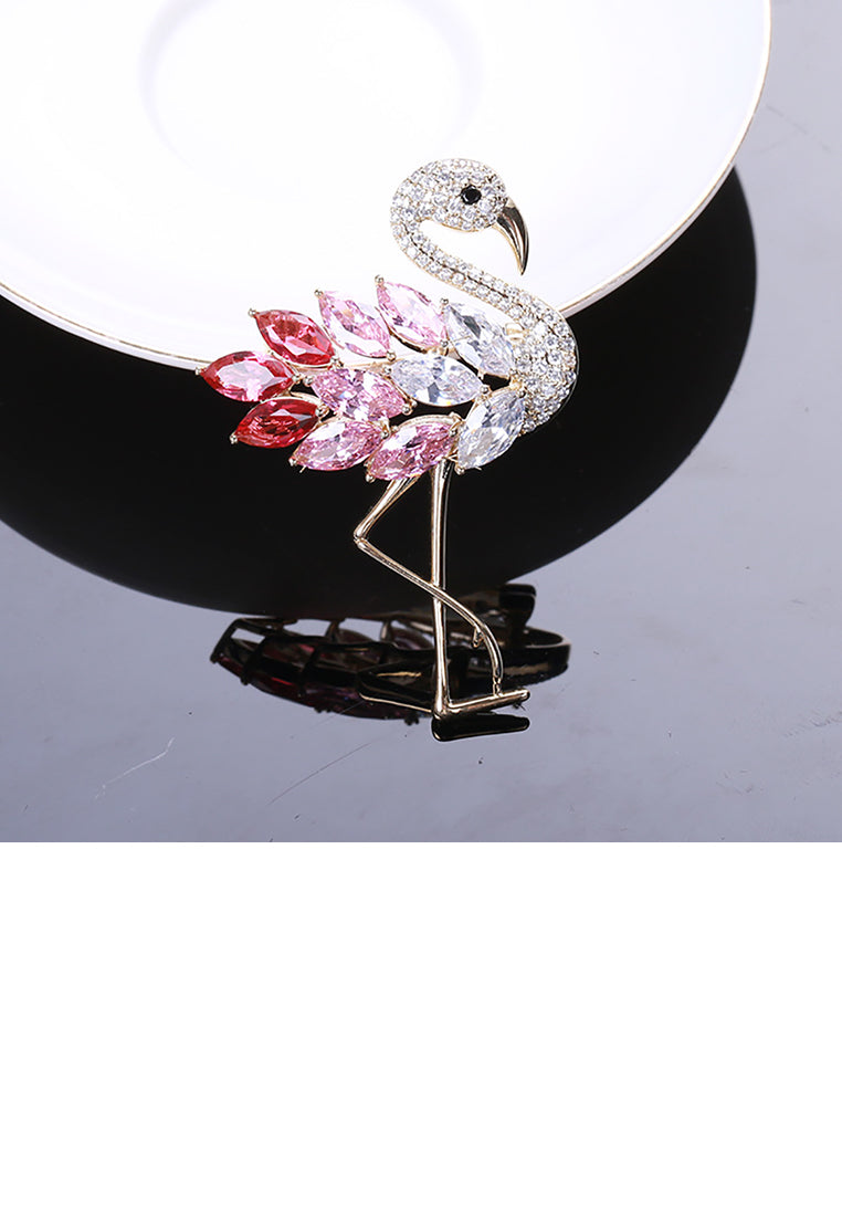 Fashion Temperament Plated Gold Flamingo Brooch with Pink Cubic Zirconia - Luxurious Look - Vibrant Color
