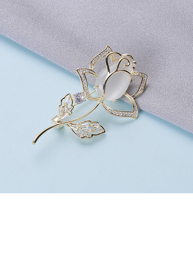 Fashion and Elegant Plated Gold Tulip Imitation Opal Brooch with Cubic Zirconia - Luxurious Look