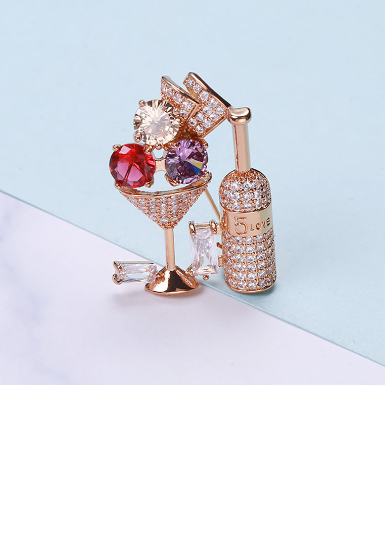 Fashion Personality Plated Gold Cocktail Glass Wine Bottle Brooch with Cubic Zirconia - Luxurious Look