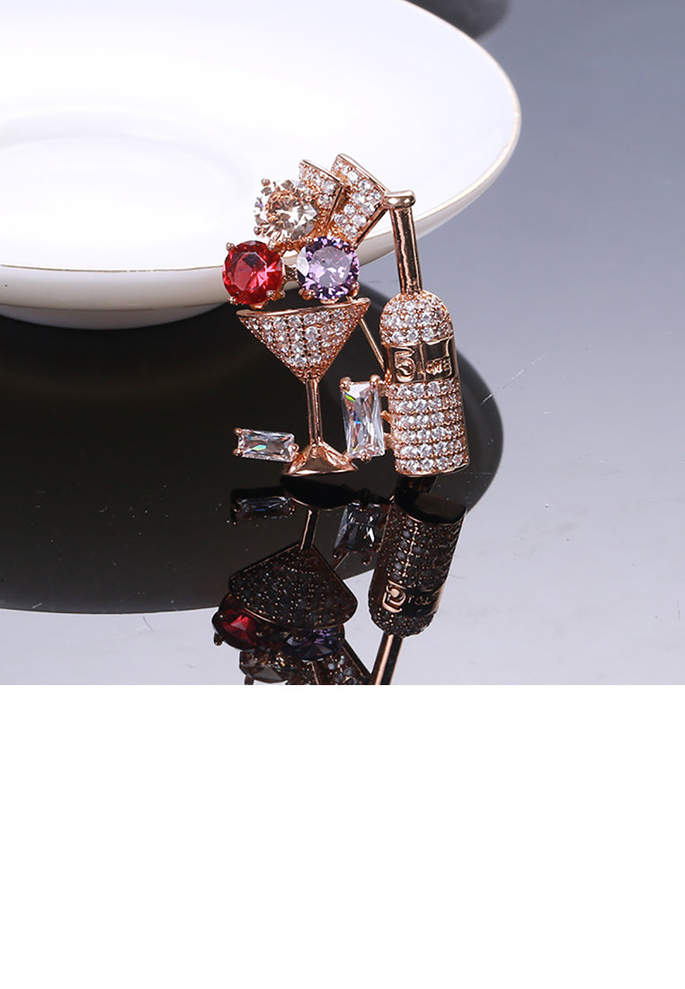 Fashion Personality Plated Gold Cocktail Glass Wine Bottle Brooch with Cubic Zirconia - Luxurious Look