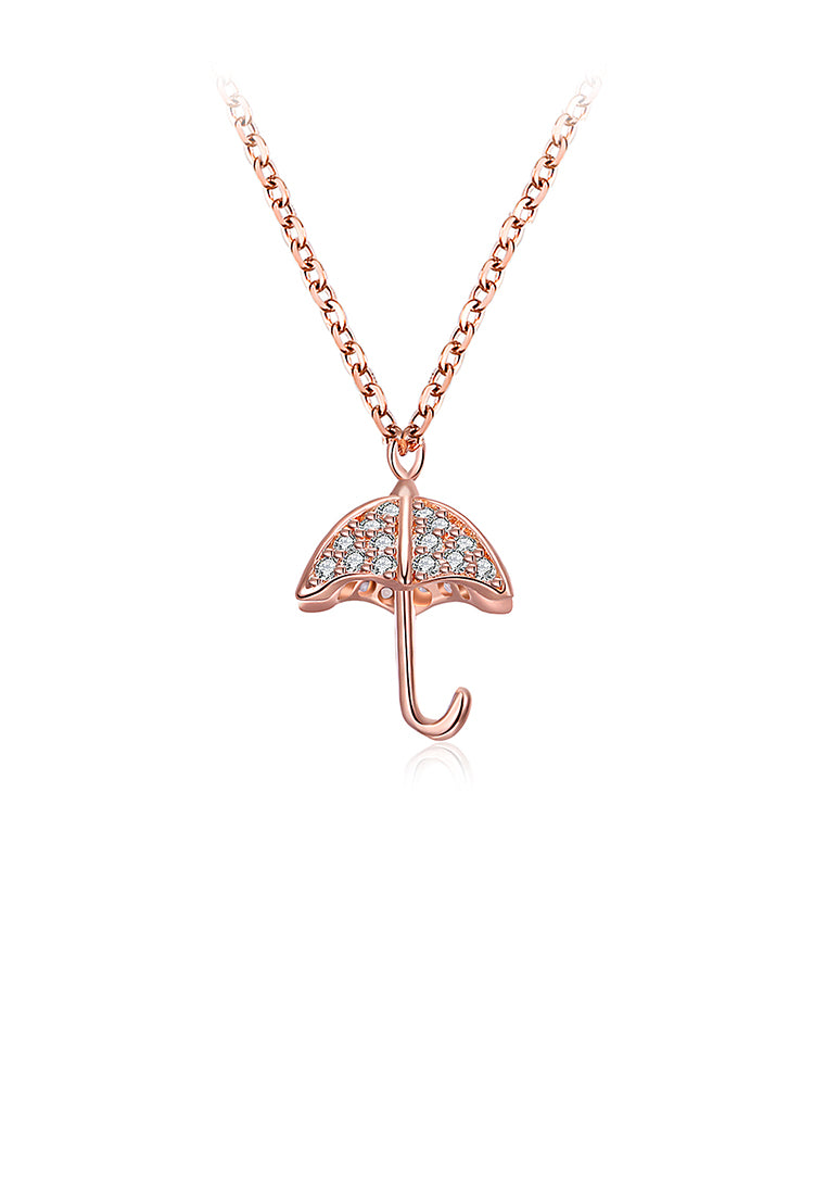 925 Sterling Silver Plated Rose Gold Umbrella Pendant with Cubic Zircon and Necklace