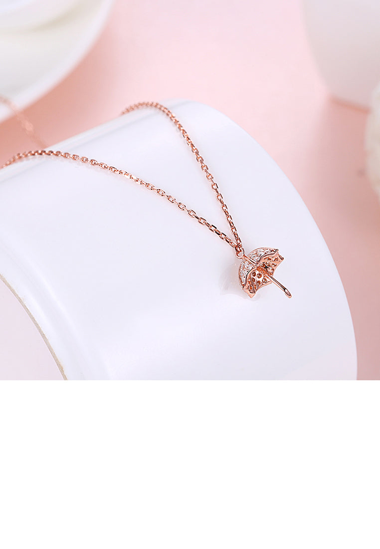 925 Sterling Silver Plated Rose Gold Umbrella Pendant with Cubic Zircon and Necklace