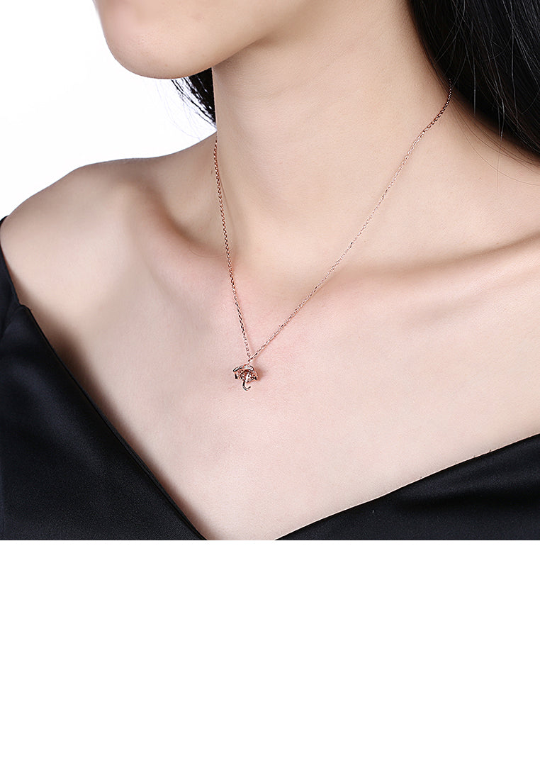 925 Sterling Silver Plated Rose Gold Umbrella Pendant with Cubic Zircon and Necklace