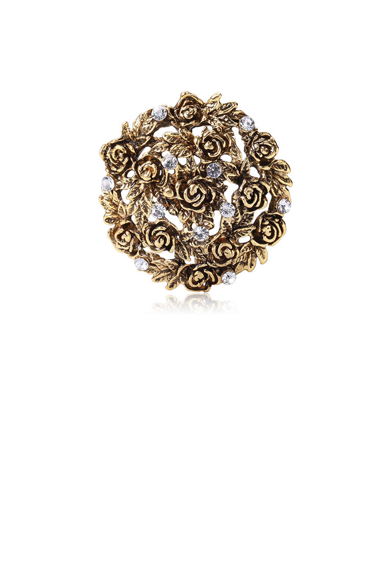 Elegant Vintage Plated Gold Rose Geometric Brooch with Cubic Zirconia - Luxurious Look