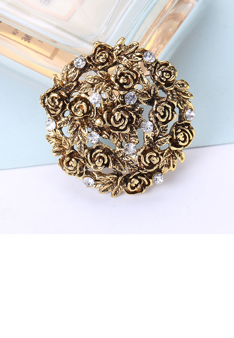 Elegant Vintage Plated Gold Rose Geometric Brooch with Cubic Zirconia - Luxurious Look