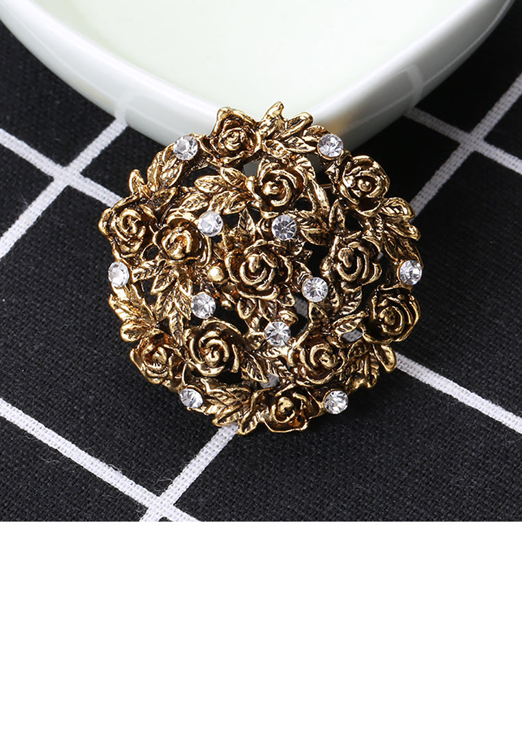Elegant Vintage Plated Gold Rose Geometric Brooch with Cubic Zirconia - Luxurious Look