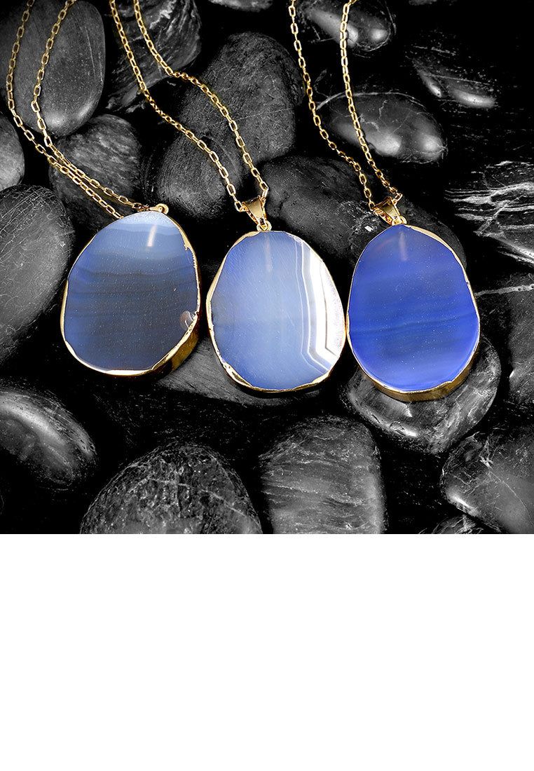 Fashion Simple Plated Gold Geometric Blue Agate Disc Pendant with Necklace