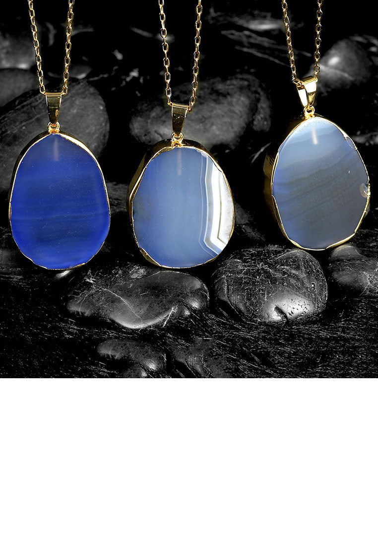 Fashion Simple Plated Gold Geometric Blue Agate Disc Pendant with Necklace