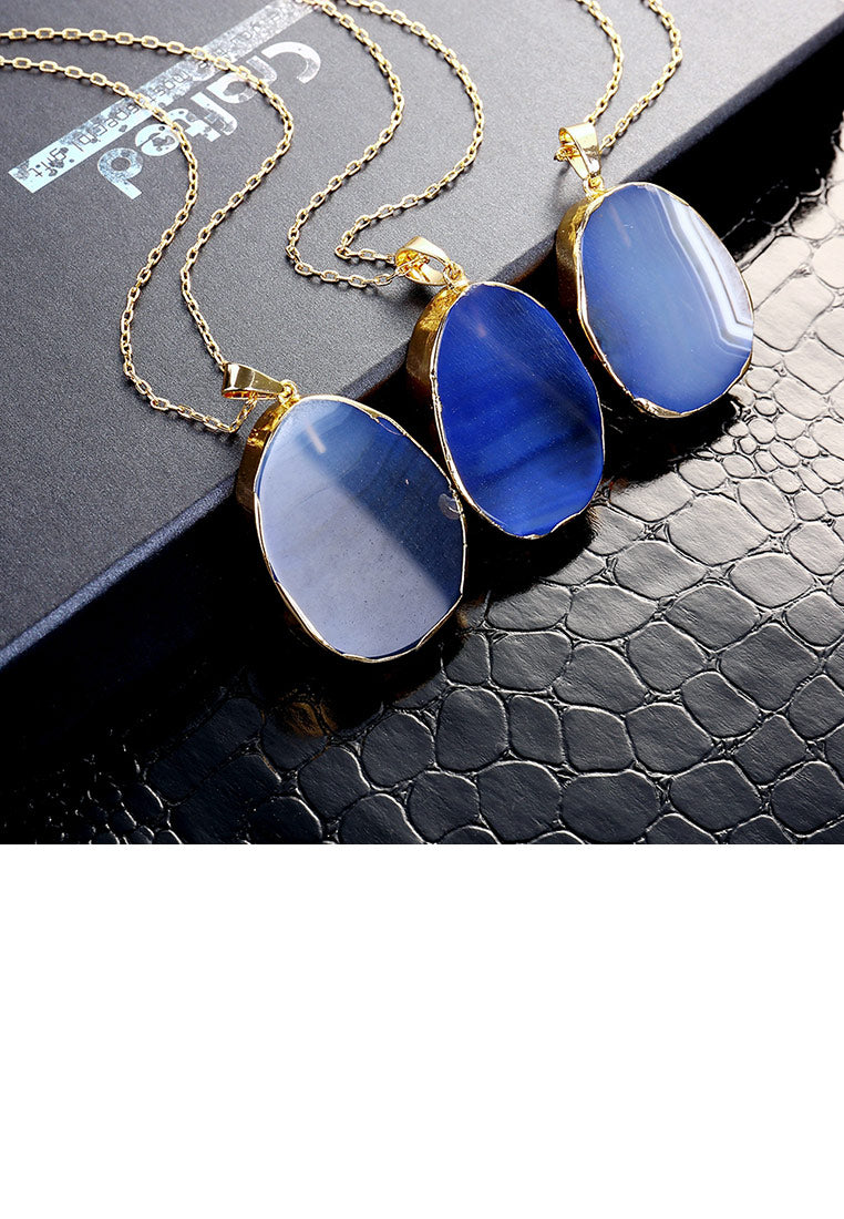 Fashion Simple Plated Gold Geometric Blue Agate Disc Pendant with Necklace
