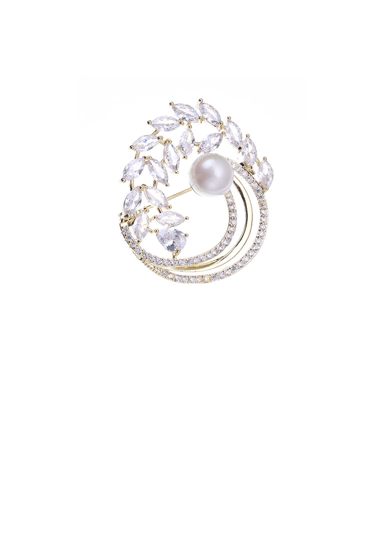 Fashion and Elegant Plated Gold Floral Imitation Pearl Brooch with White Cubic Zirconia - Luxurious Look