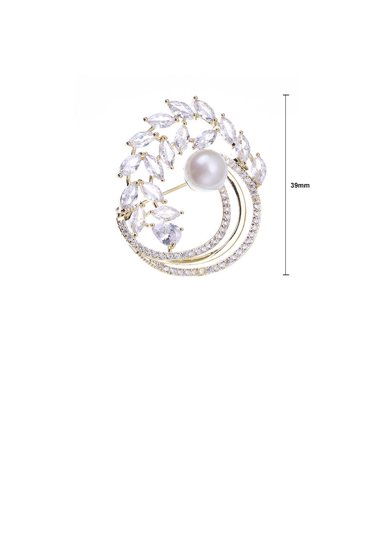 Fashion and Elegant Plated Gold Floral Imitation Pearl Brooch with White Cubic Zirconia - Luxurious Look