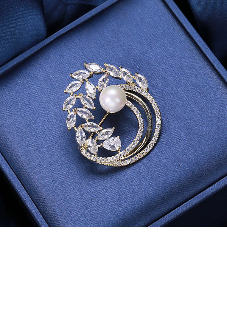 Fashion and Elegant Plated Gold Floral Imitation Pearl Brooch with White Cubic Zirconia - Luxurious Look