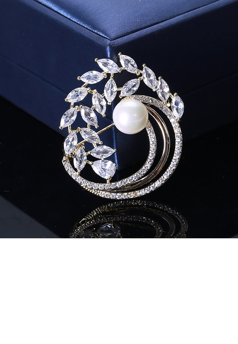 Fashion and Elegant Plated Gold Floral Imitation Pearl Brooch with White Cubic Zirconia - Luxurious Look